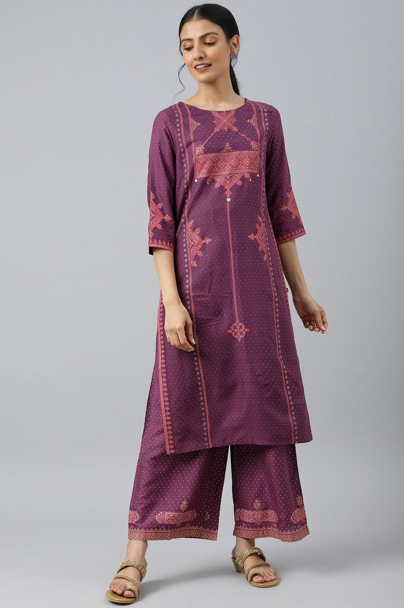 W for Woman Purple Rayon kurta With Coins And Sequins Embellishment
