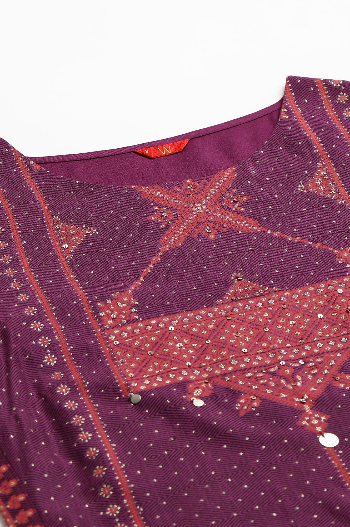 W for Woman Purple Rayon kurta With Coins And Sequins Embellishment