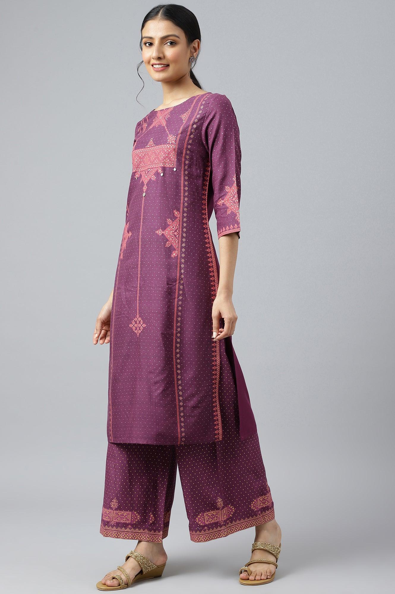 W for Woman Purple Rayon kurta With Coins And Sequins Embellishment