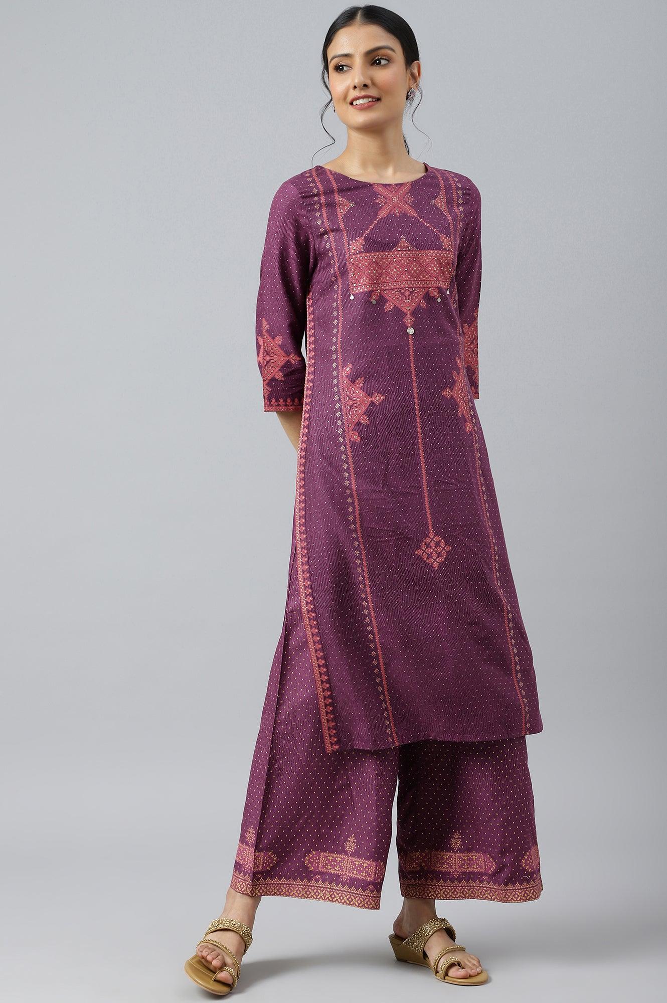 W for Woman Purple Rayon kurta With Coins And Sequins Embellishment