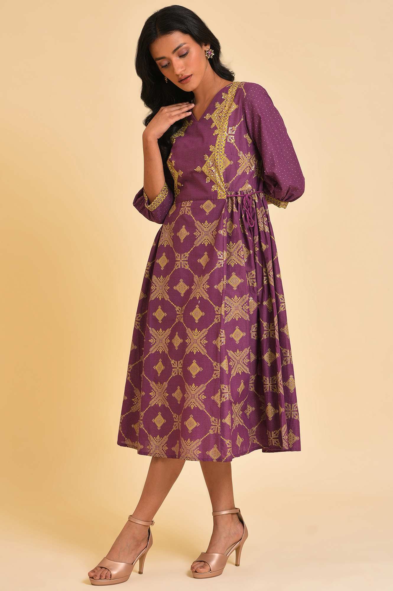 W for Woman Purple Festive Gathered Dress With Sequin