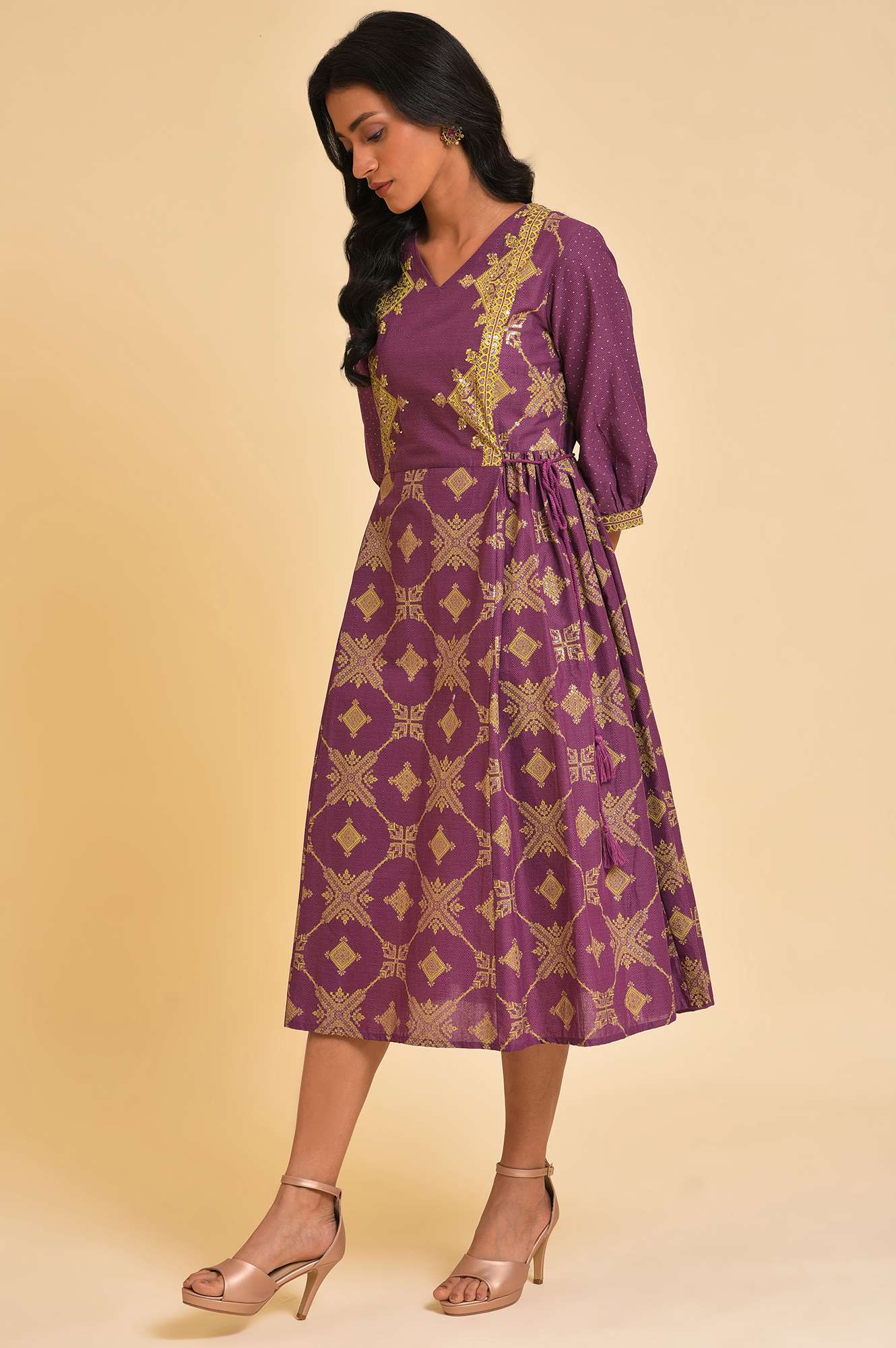 W for Woman Purple Festive Gathered Dress With Sequin