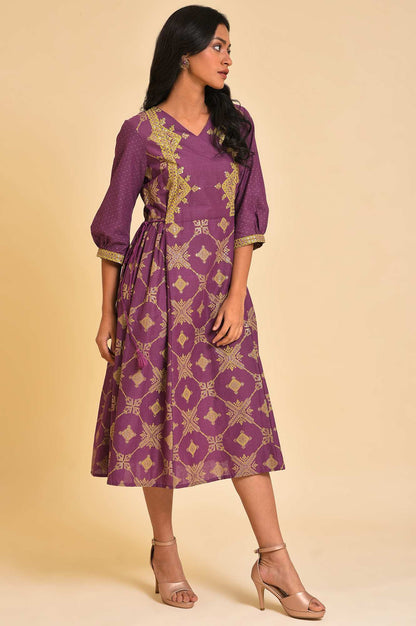 W for Woman Purple Festive Gathered Dress With Sequin