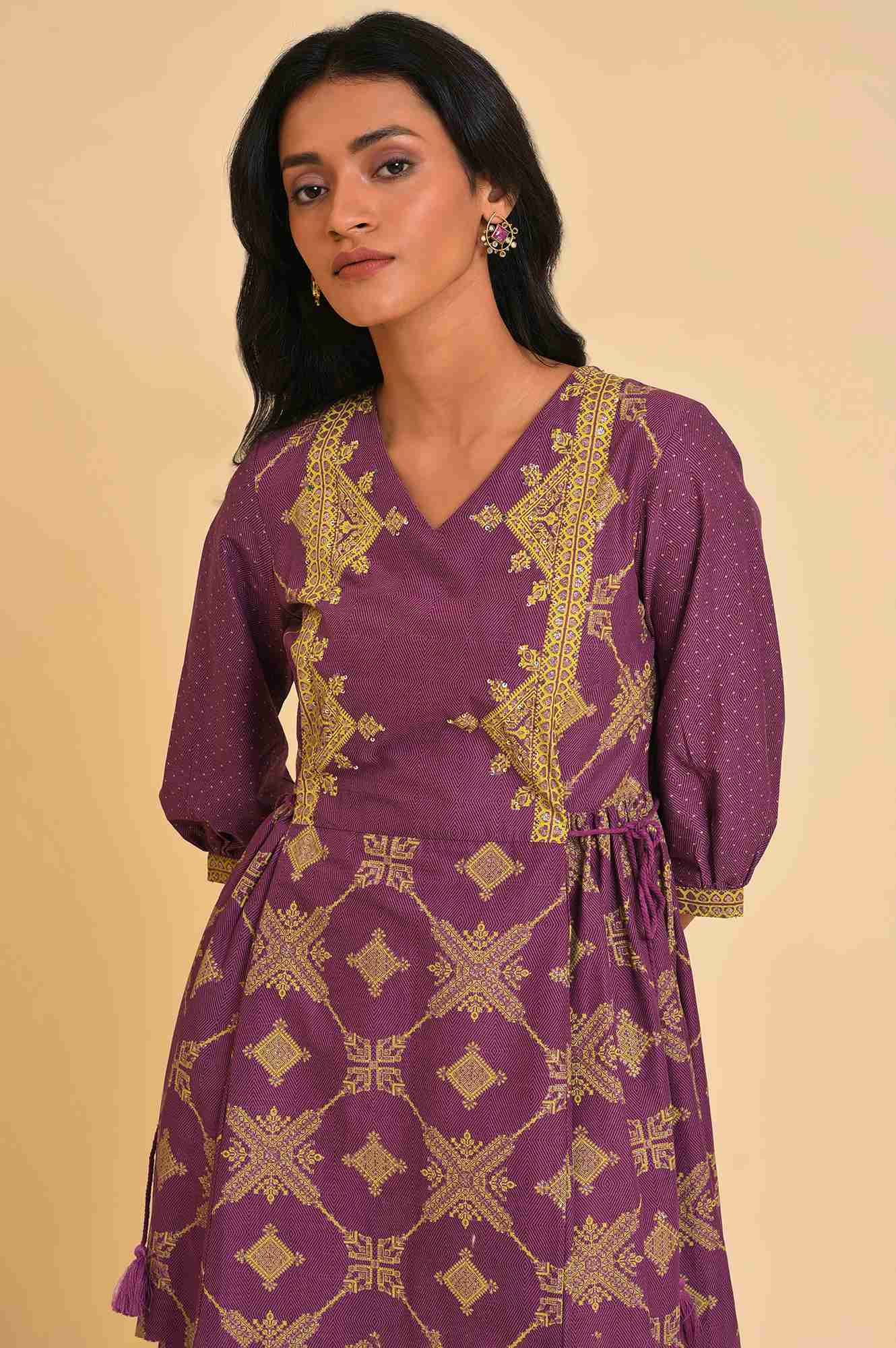 W for Woman Purple Festive Gathered Dress With Sequin