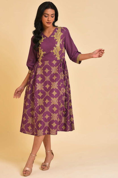 W for Woman Purple Festive Gathered Dress With Sequin