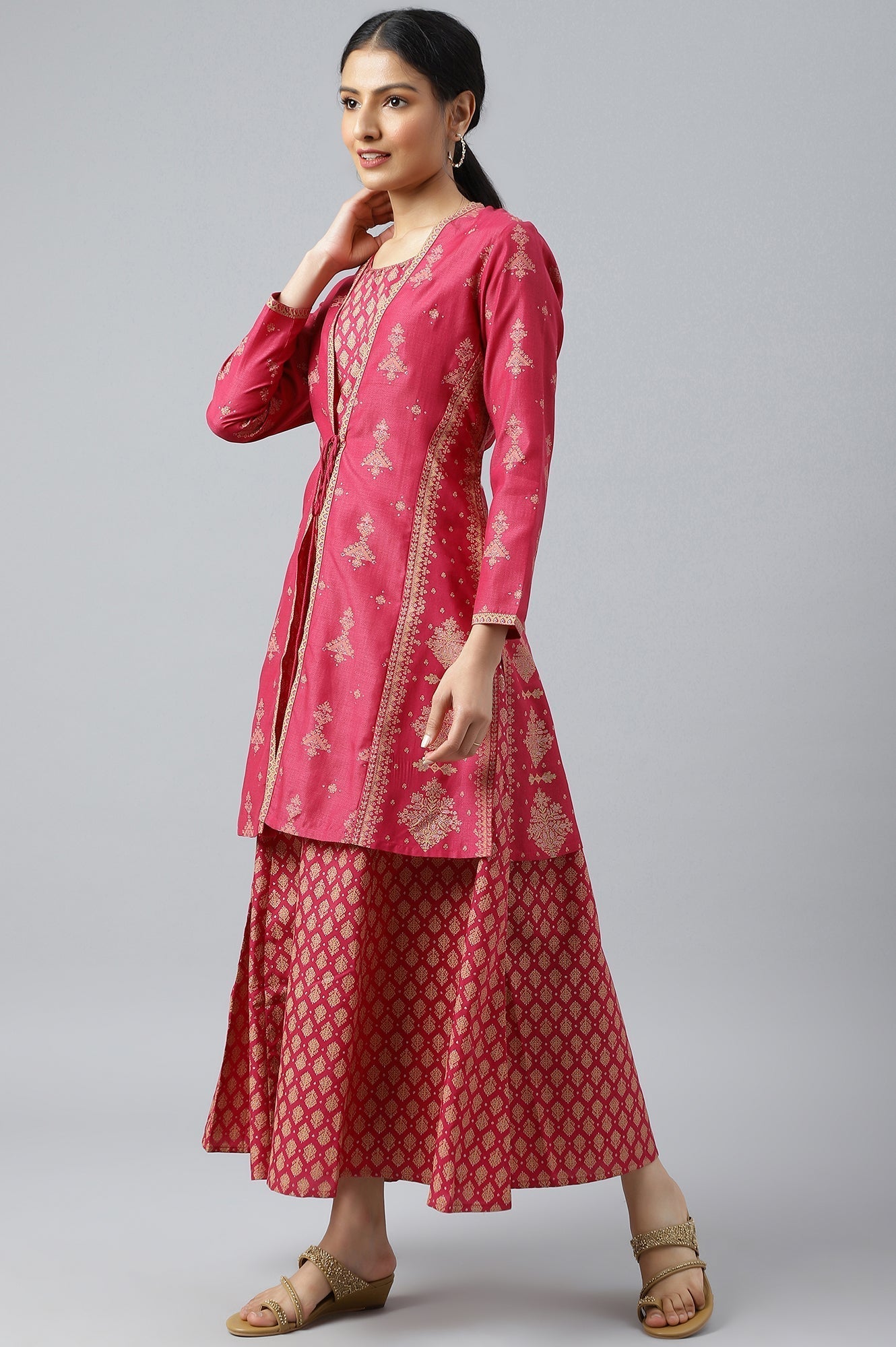 W for Woman Dark Pink Glitter Flared Dress with Short Jacket Set