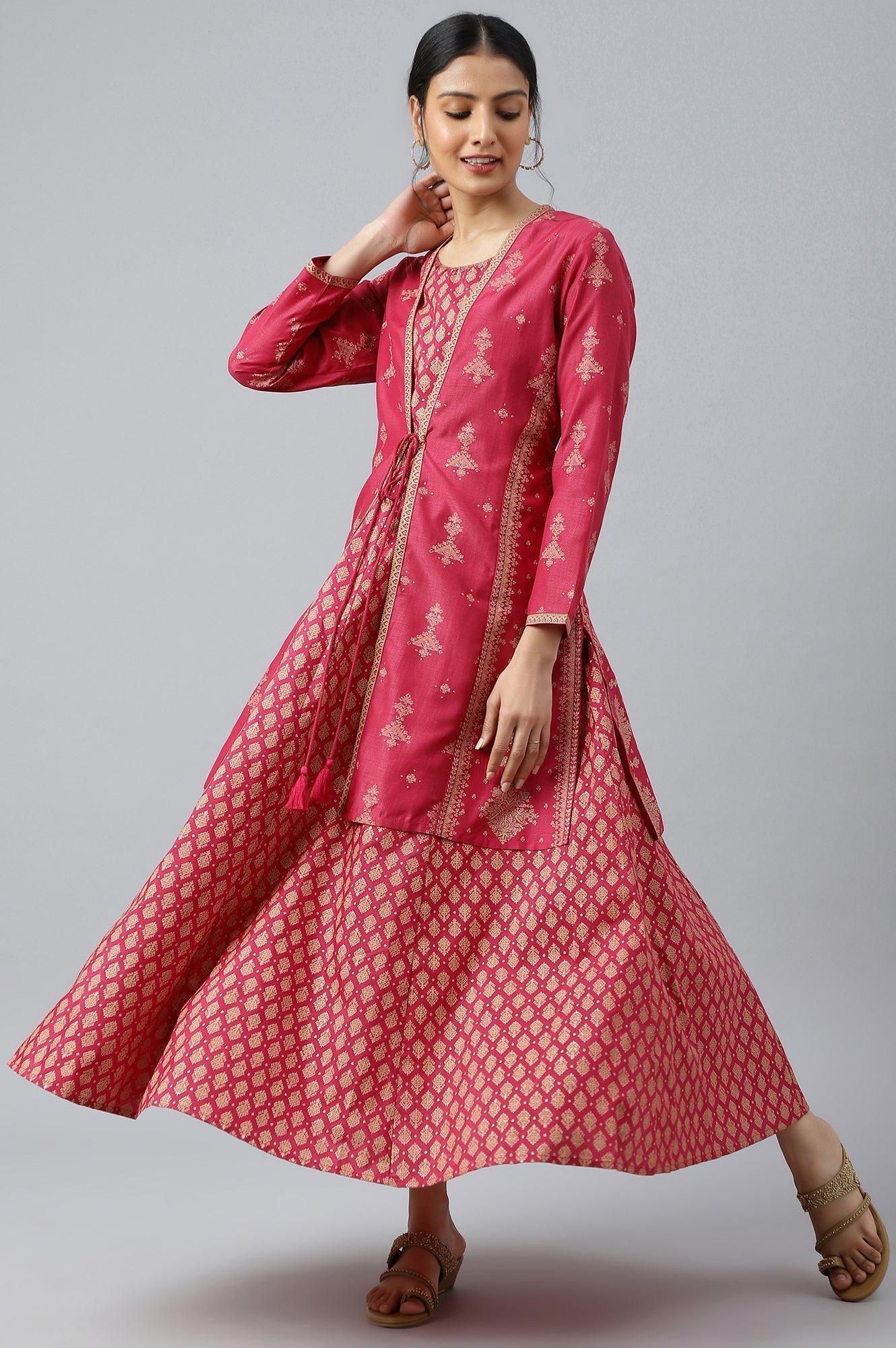 W for Woman Dark Pink Glitter Flared Dress with Short Jacket Set