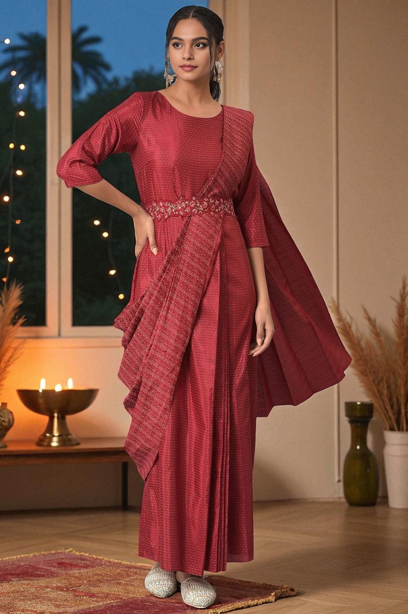 W for Woman Maroon Festive Maxi Saree Dress with Embroidered Belt