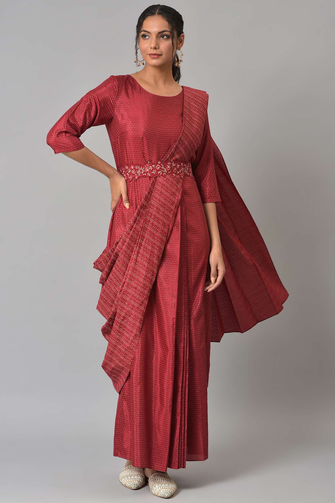 W for Woman Maroon Festive Maxi Saree Dress with Embroidered Belt
