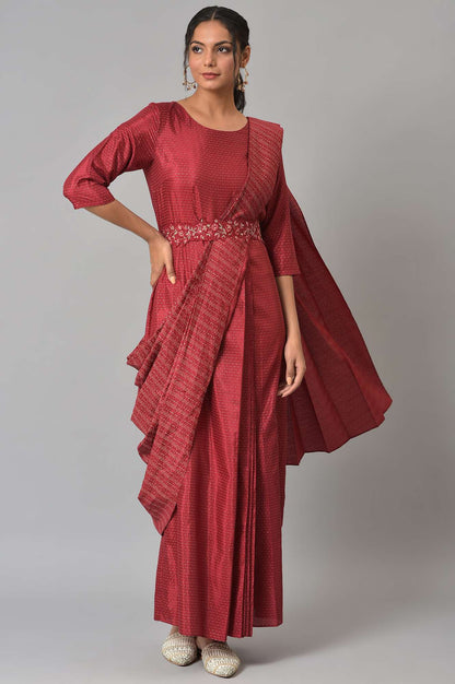 W for Woman Maroon Festive Maxi Saree Dress with Embroidered Belt