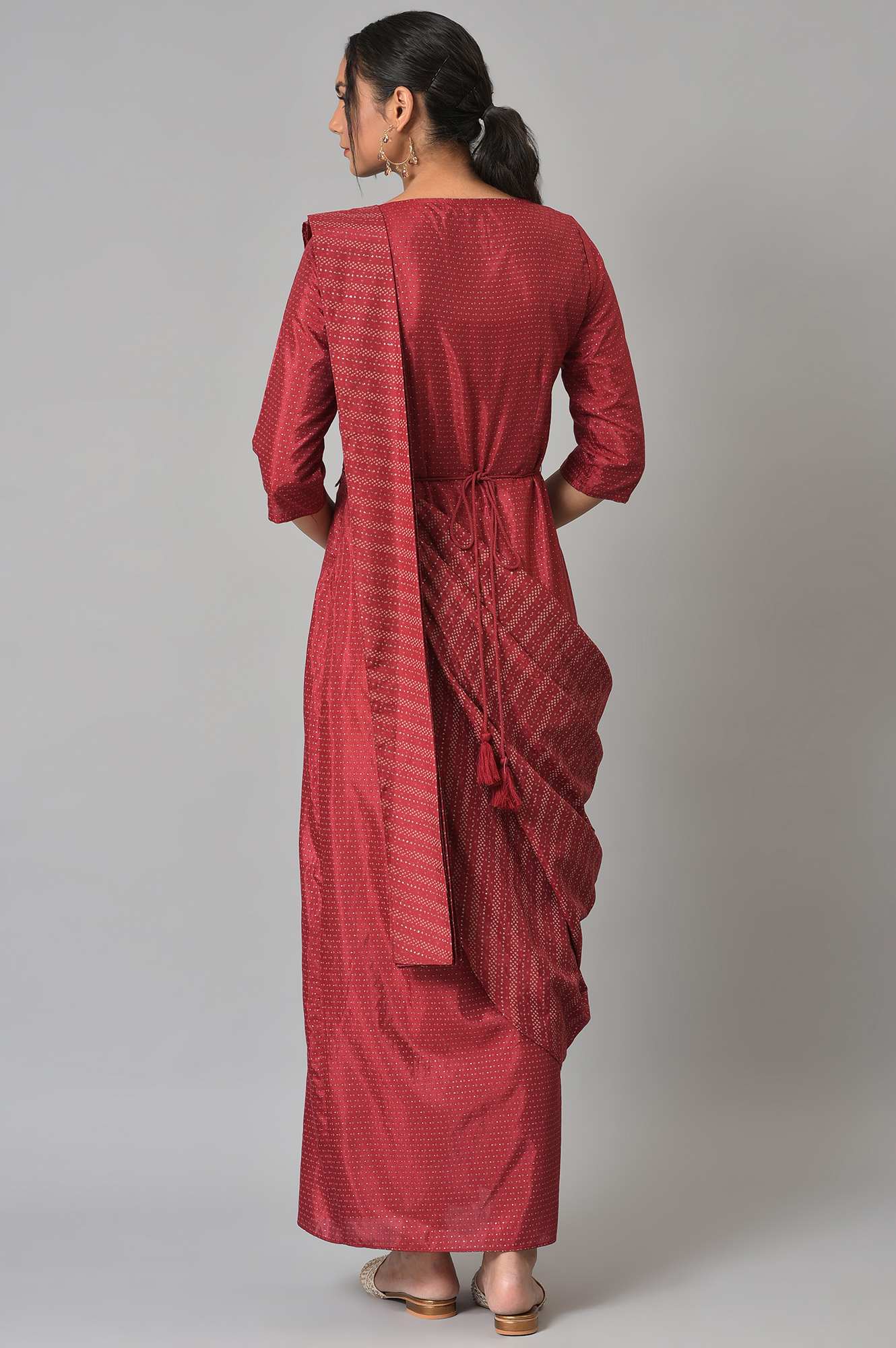 W for Woman Maroon Festive Maxi Saree Dress with Embroidered Belt