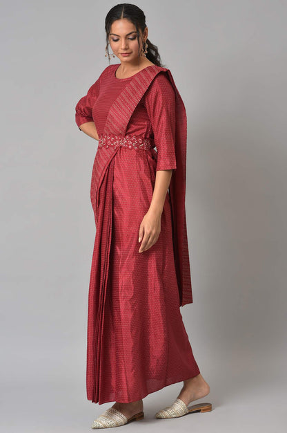 W for Woman Maroon Festive Maxi Saree Dress with Embroidered Belt