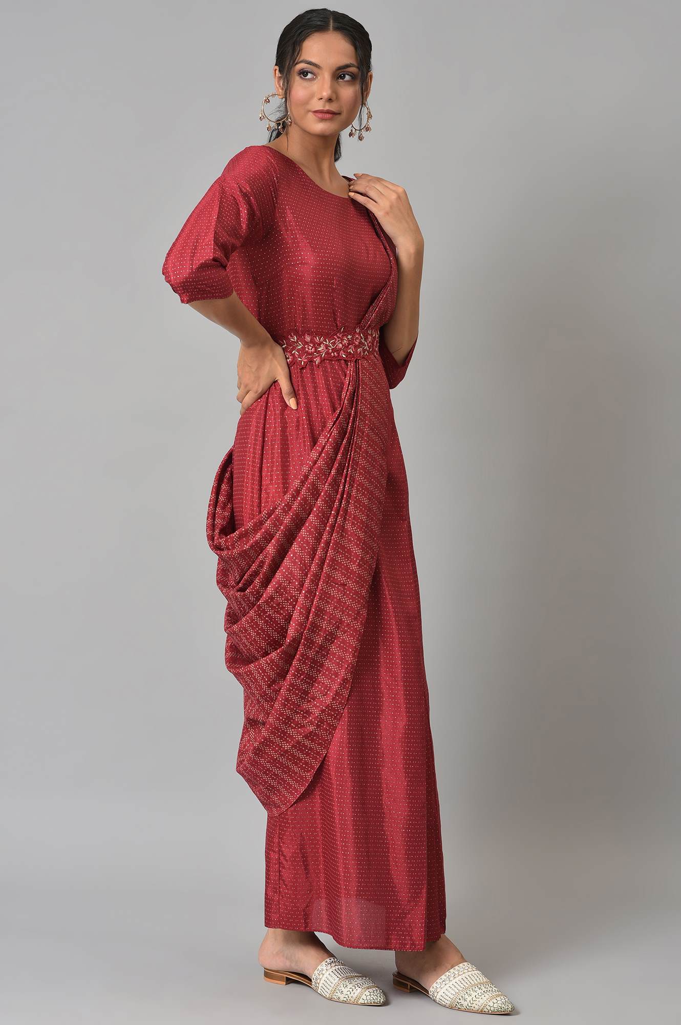 W for Woman Maroon Festive Maxi Saree Dress with Embroidered Belt