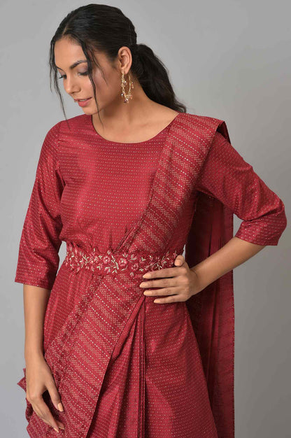 W for Woman Maroon Festive Maxi Saree Dress with Embroidered Belt