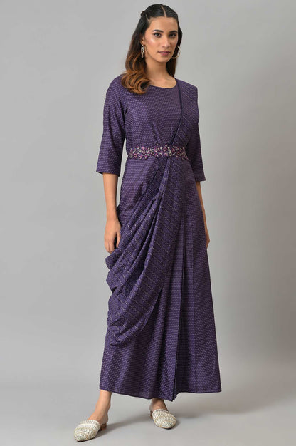 W for Woman Purple Insta Saree Dress With Embroidered Belt