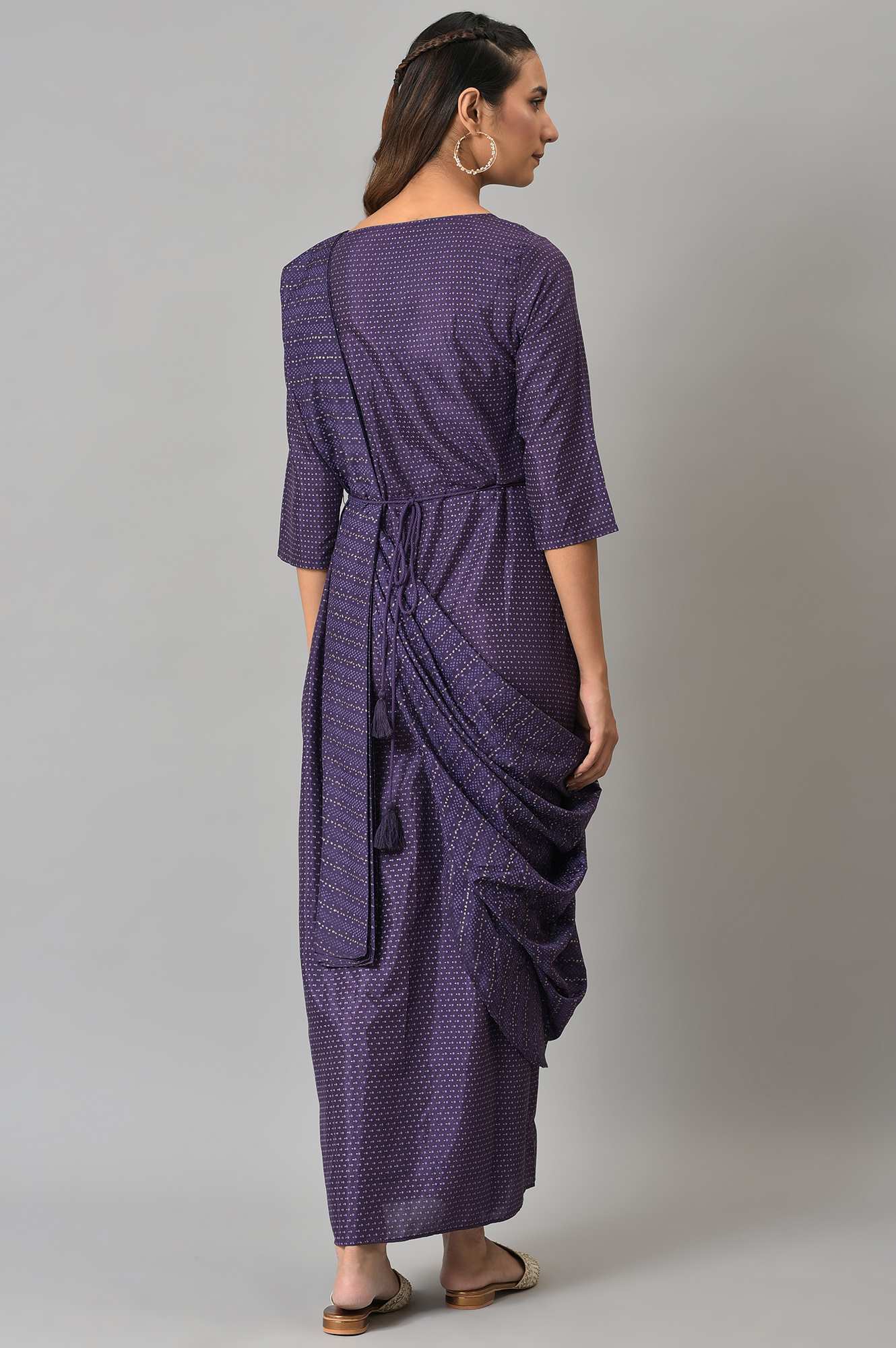 W for Woman Purple Insta Saree Dress With Embroidered Belt