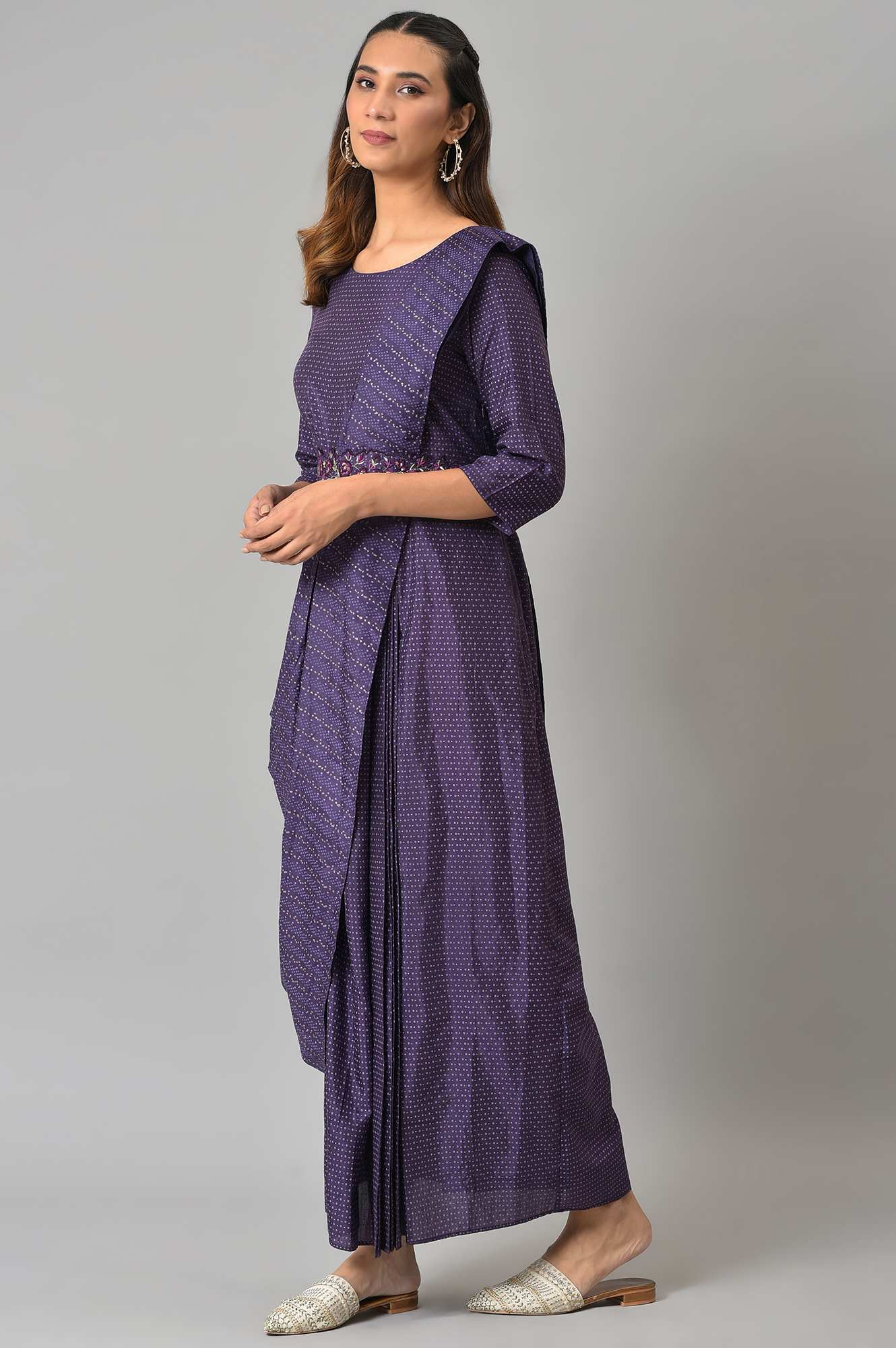 W for Woman Purple Insta Saree Dress With Embroidered Belt