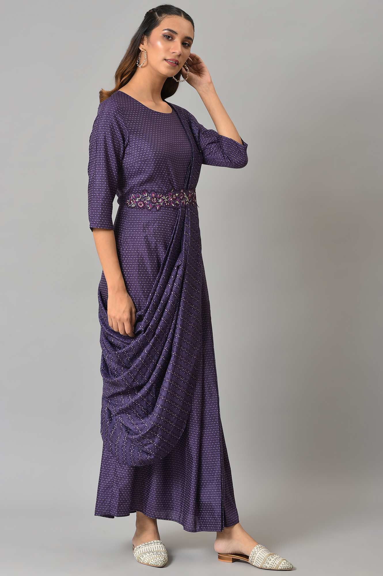 W for Woman Purple Insta Saree Dress With Embroidered Belt