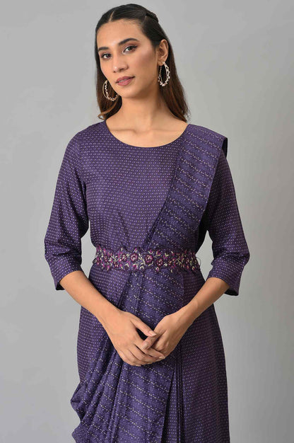W for Woman Purple Insta Saree Dress With Embroidered Belt