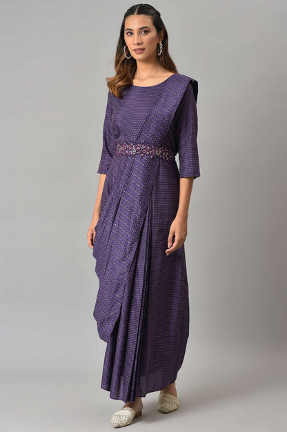 W for Woman Purple Insta Saree Dress With Embroidered Belt