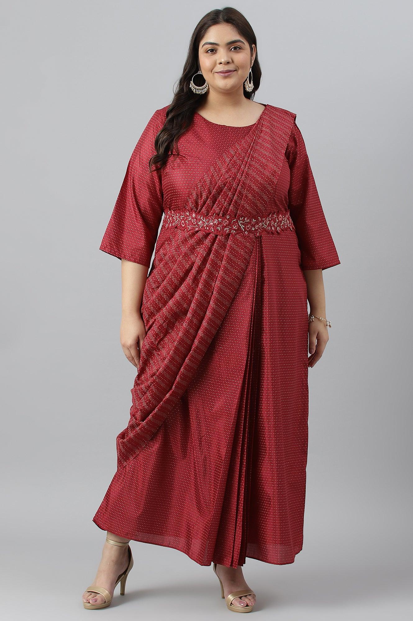 W for Woman Plus Size Maroon Insta Saree Dress With Embroidered Belt