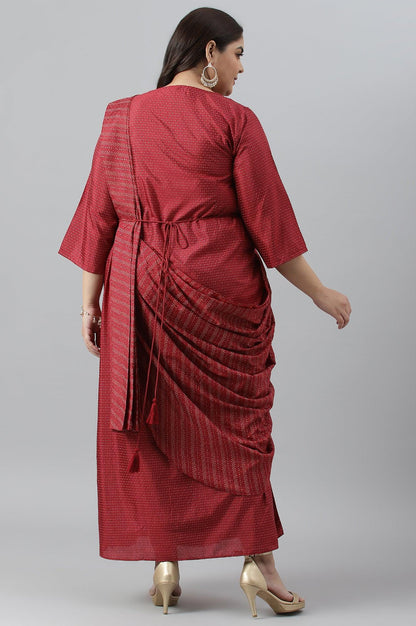 W for Woman Plus Size Maroon Insta Saree Dress With Embroidered Belt
