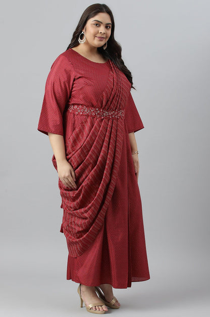 W for Woman Plus Size Maroon Insta Saree Dress With Embroidered Belt