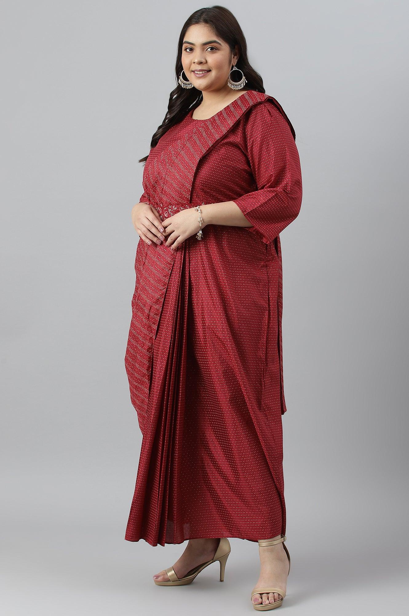 W for Woman Plus Size Maroon Insta Saree Dress With Embroidered Belt