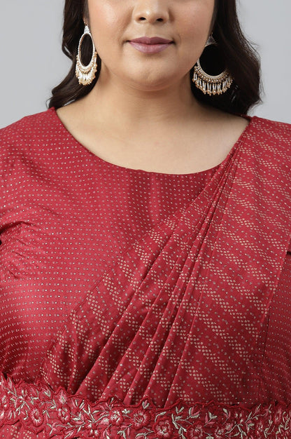 W for Woman Plus Size Maroon Insta Saree Dress With Embroidered Belt