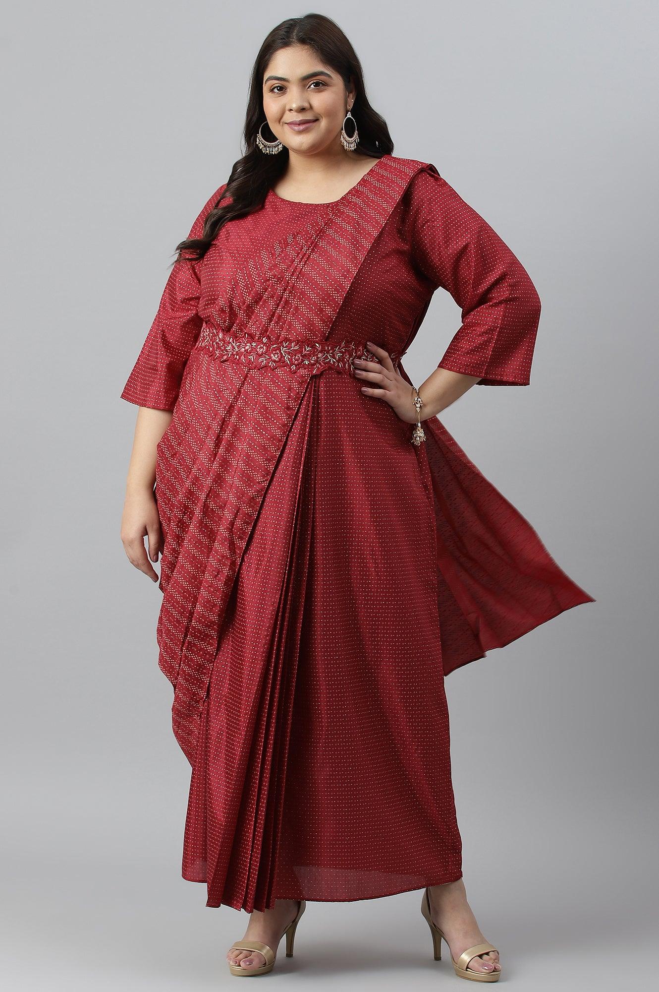 W for Woman Plus Size Maroon Insta Saree Dress With Embroidered Belt