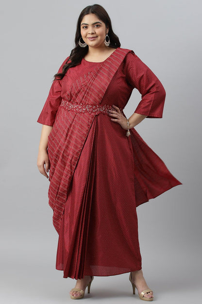W for Woman Plus Size Maroon Insta Saree Dress With Embroidered Belt