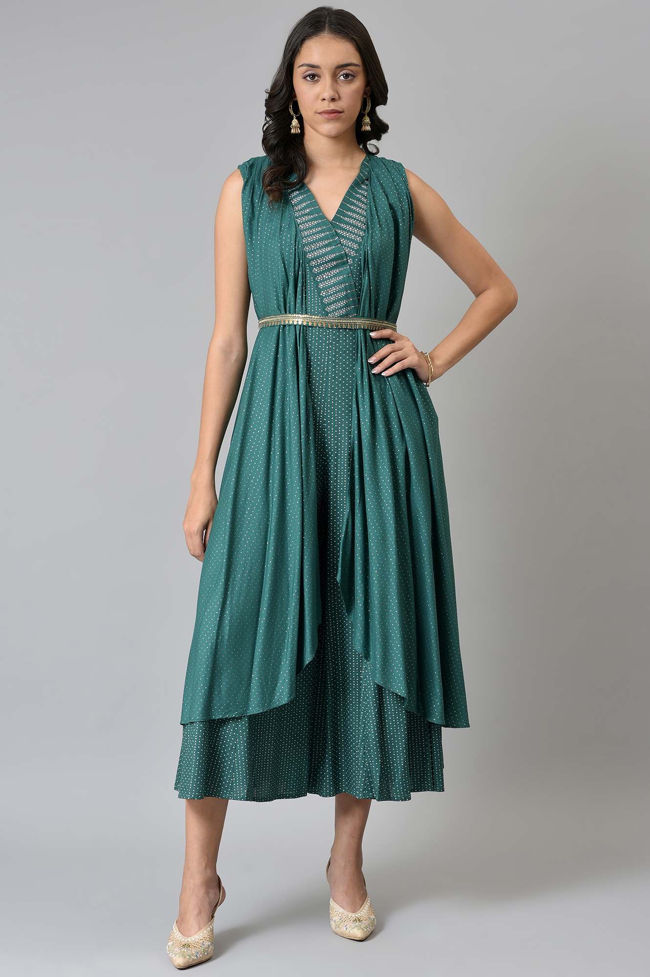 W for Woman Green Gillet Kimono Jumpsuit With Embellished Belt