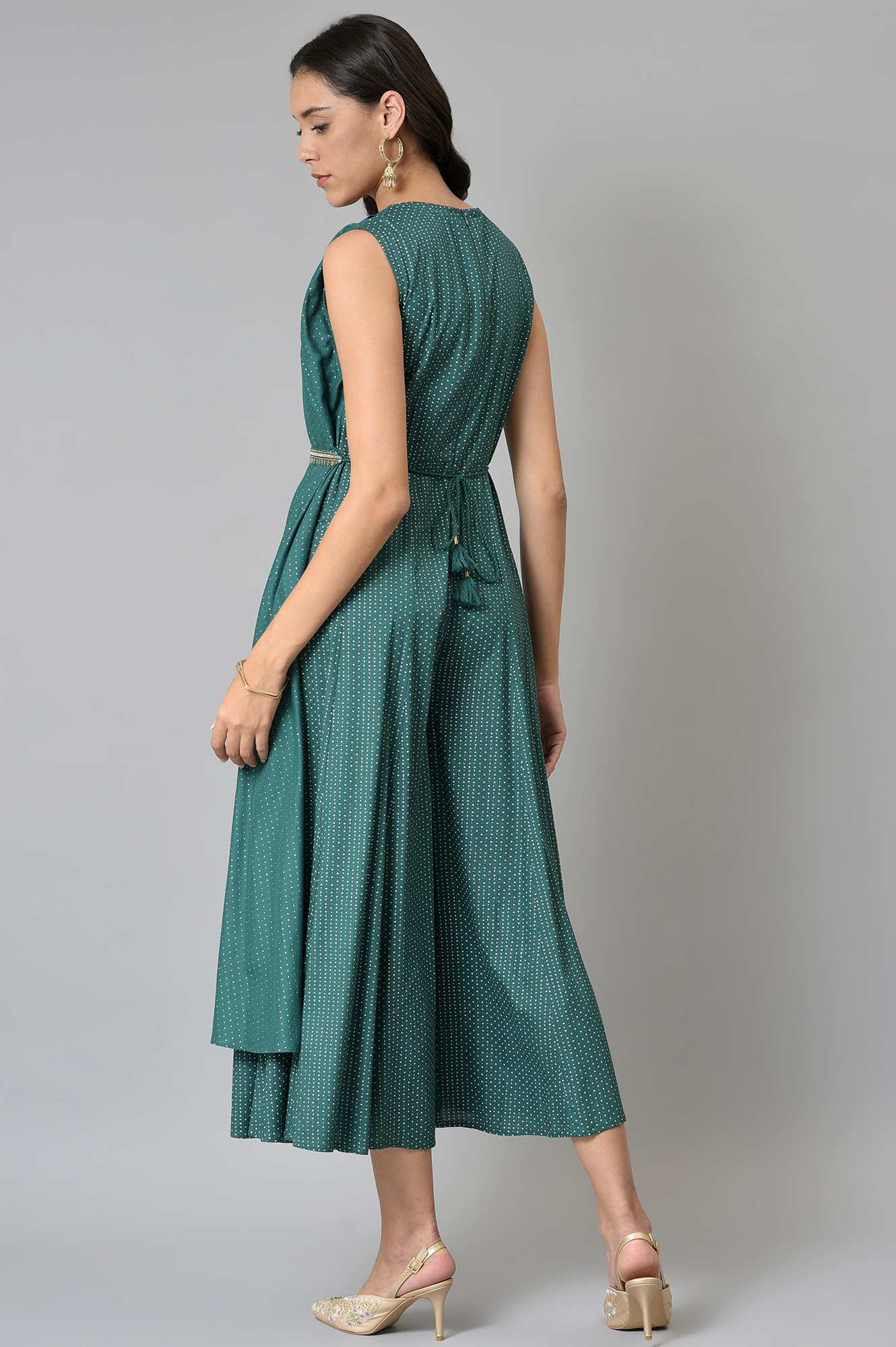 W for Woman Green Gillet Kimono Jumpsuit With Embellished Belt