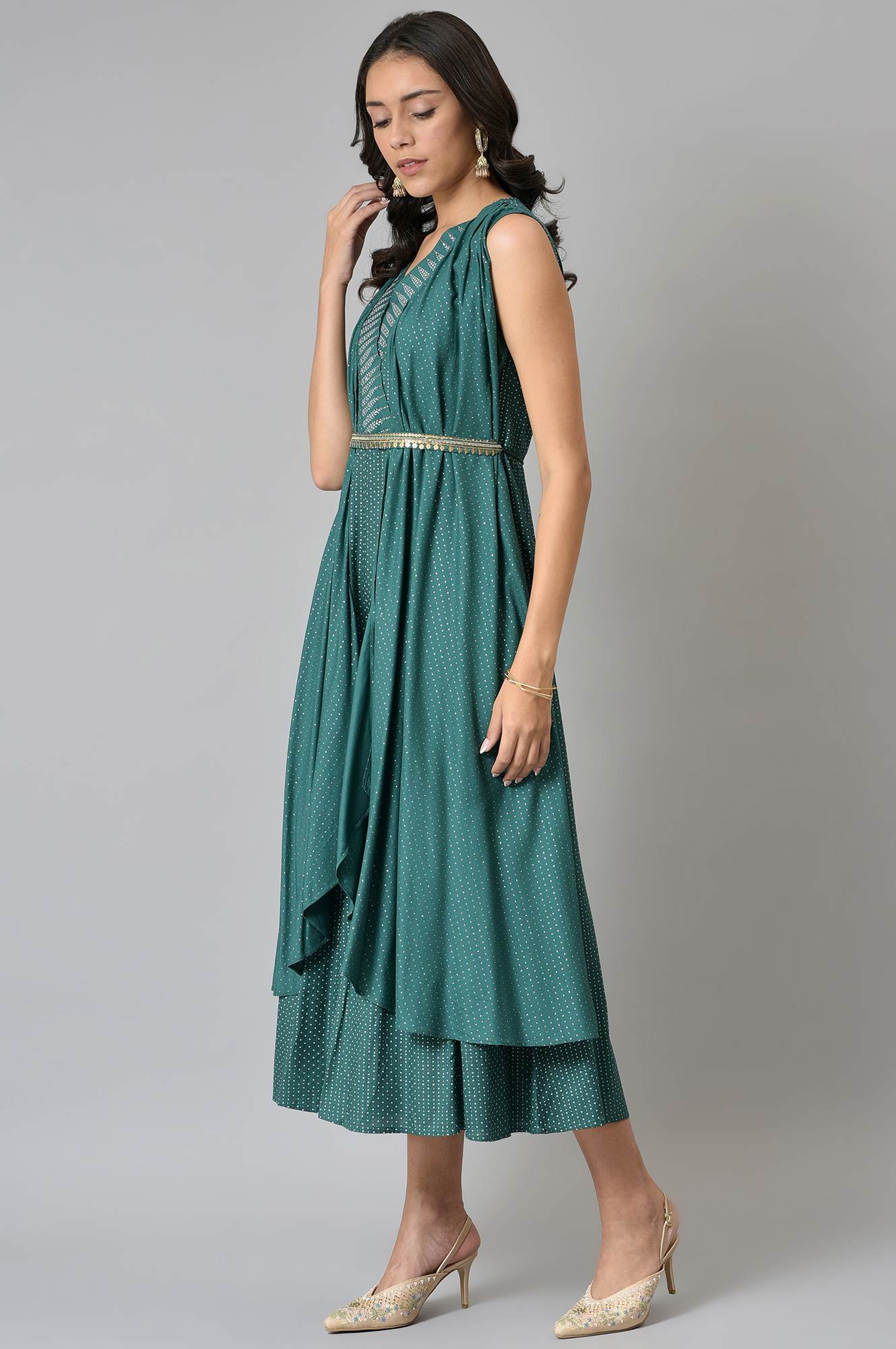 W for Woman Green Gillet Kimono Jumpsuit With Embellished Belt