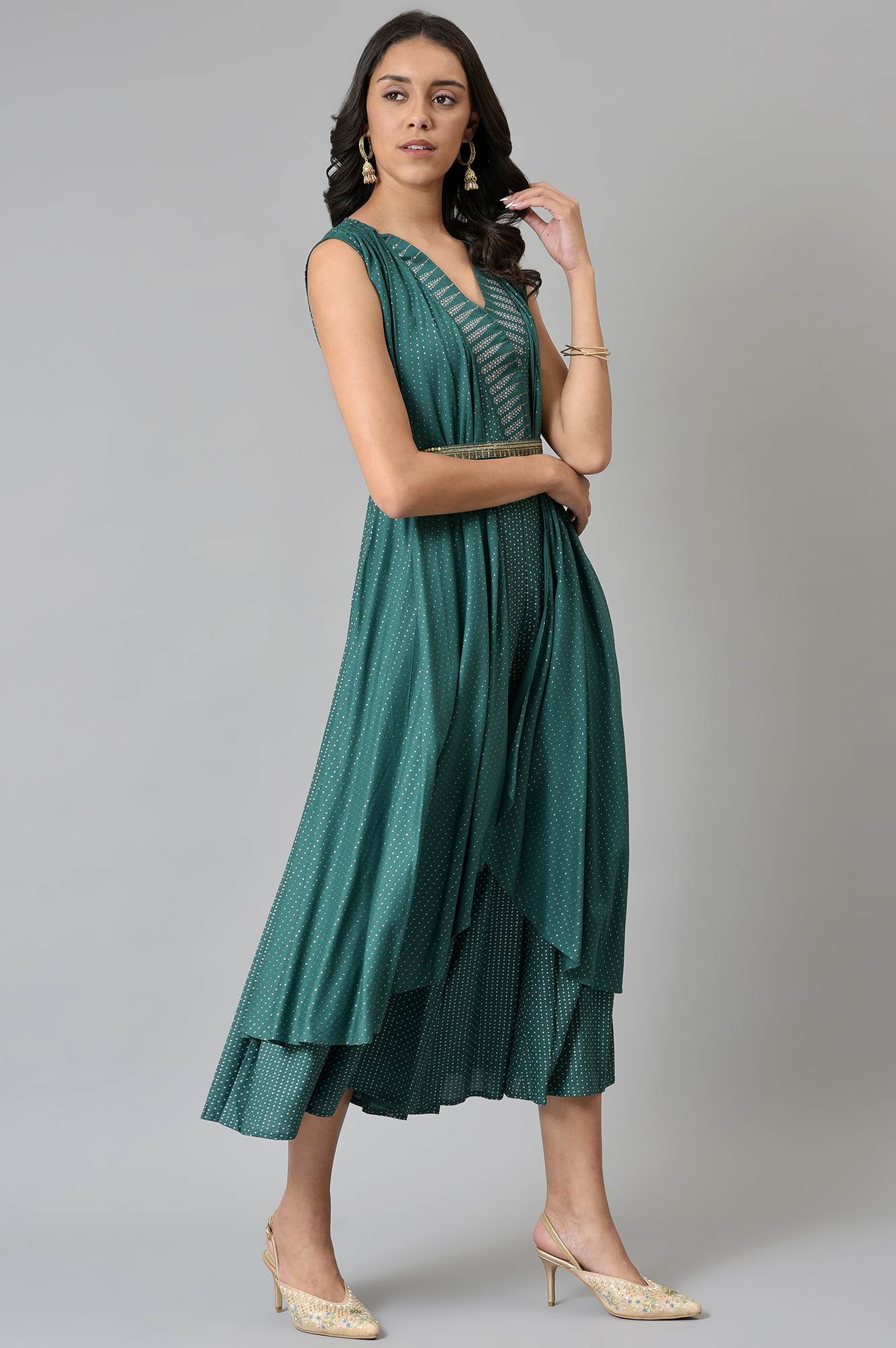 W for Woman Green Gillet Kimono Jumpsuit With Embellished Belt