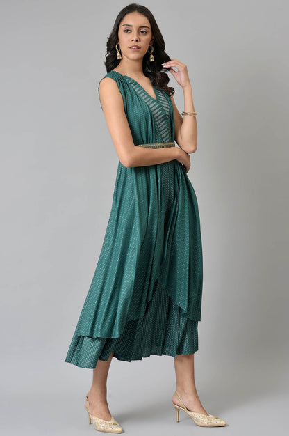 W for Woman Green Gillet Kimono Jumpsuit With Embellished Belt