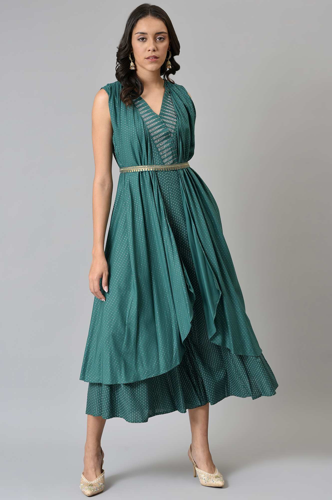 W for Woman Green Gillet Kimono Jumpsuit With Embellished Belt