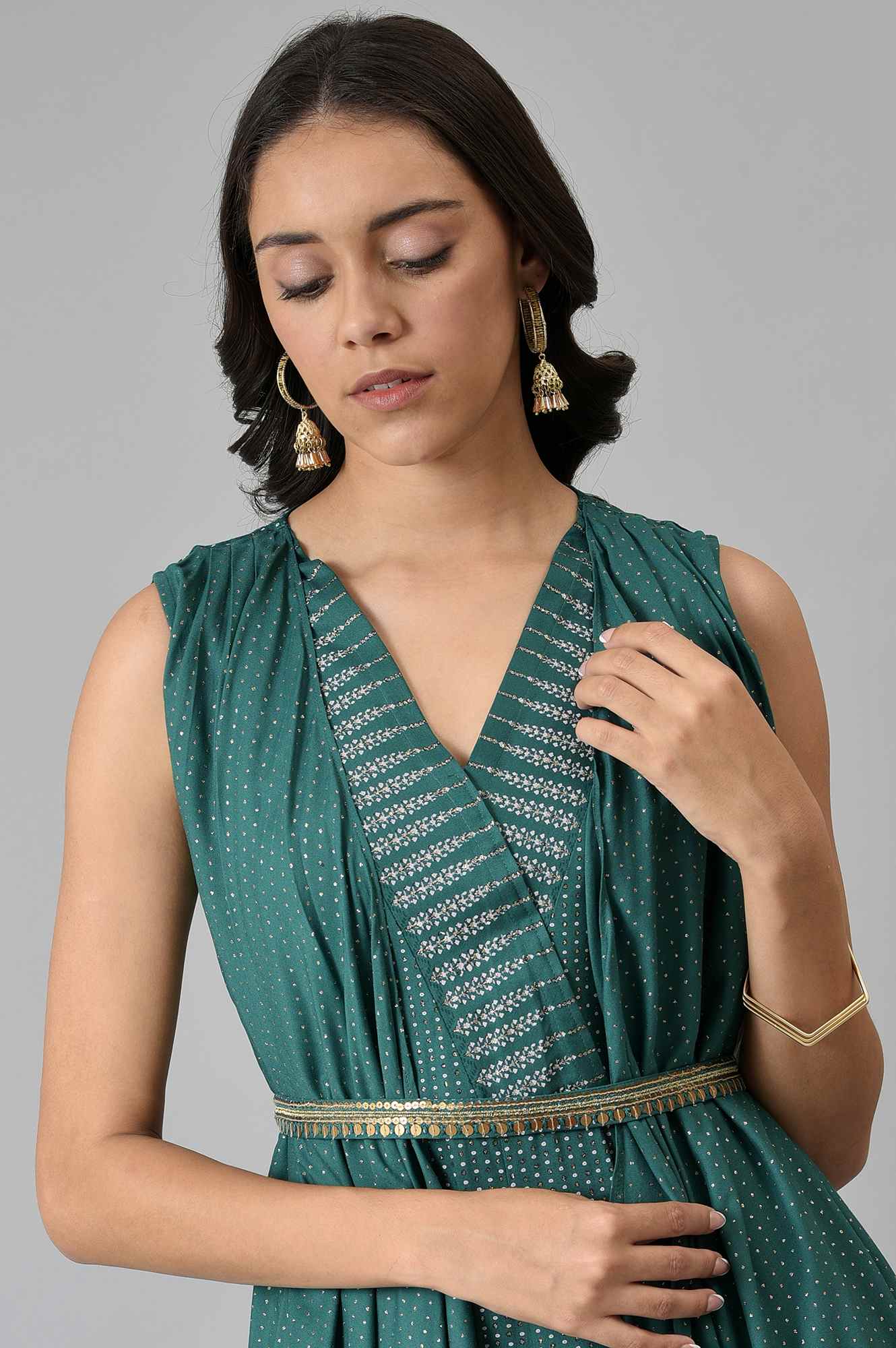 W for Woman Green Gillet Kimono Jumpsuit With Embellished Belt