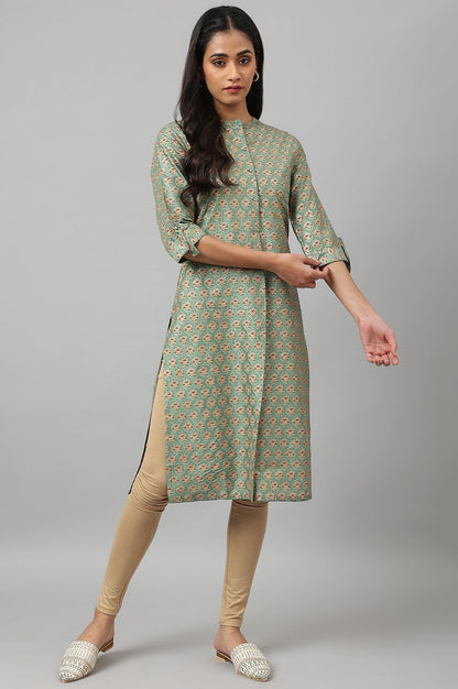 W for Woman Green Glitter Printed Kurta in Mandarin Collar