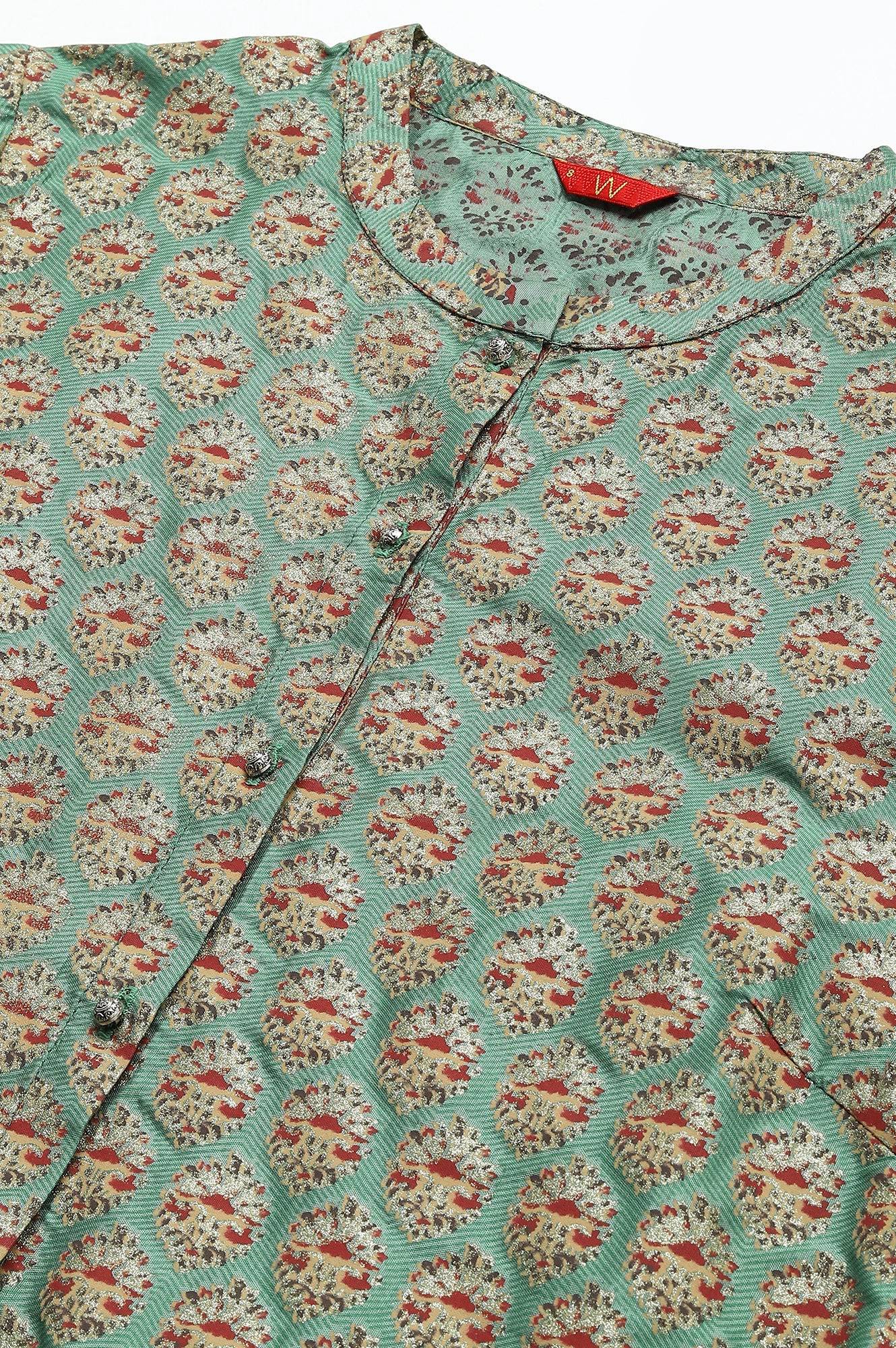 W for Woman Green Glitter Printed Kurta in Mandarin Collar