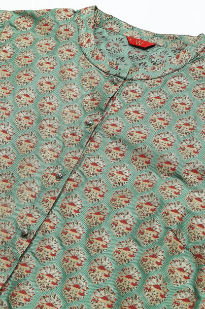 W for Woman Green Glitter Printed Kurta in Mandarin Collar