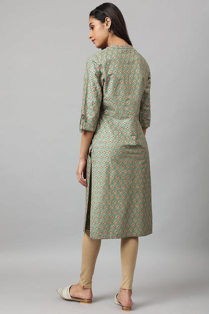 W for Woman Green Glitter Printed Kurta in Mandarin Collar
