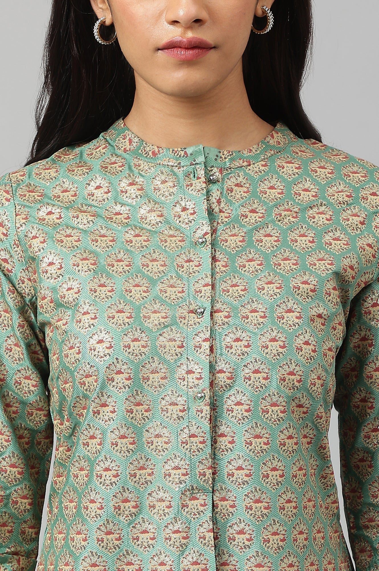 W for Woman Green Glitter Printed Kurta in Mandarin Collar