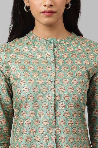 W for Woman Green Glitter Printed Kurta in Mandarin Collar