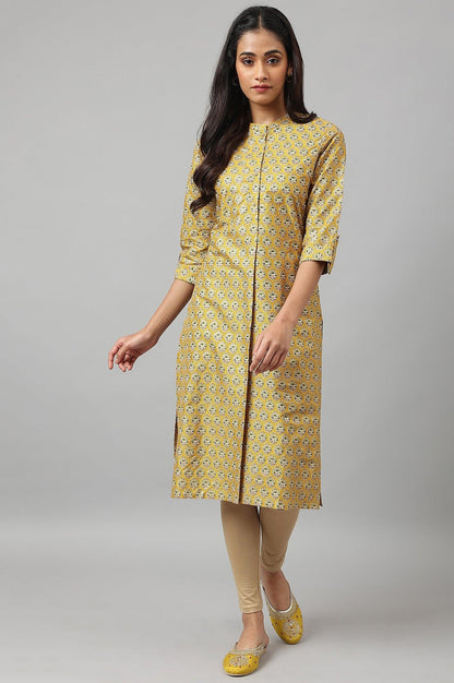 W for Woman Mustard Glitter Printed kurta In Mandarin Collar