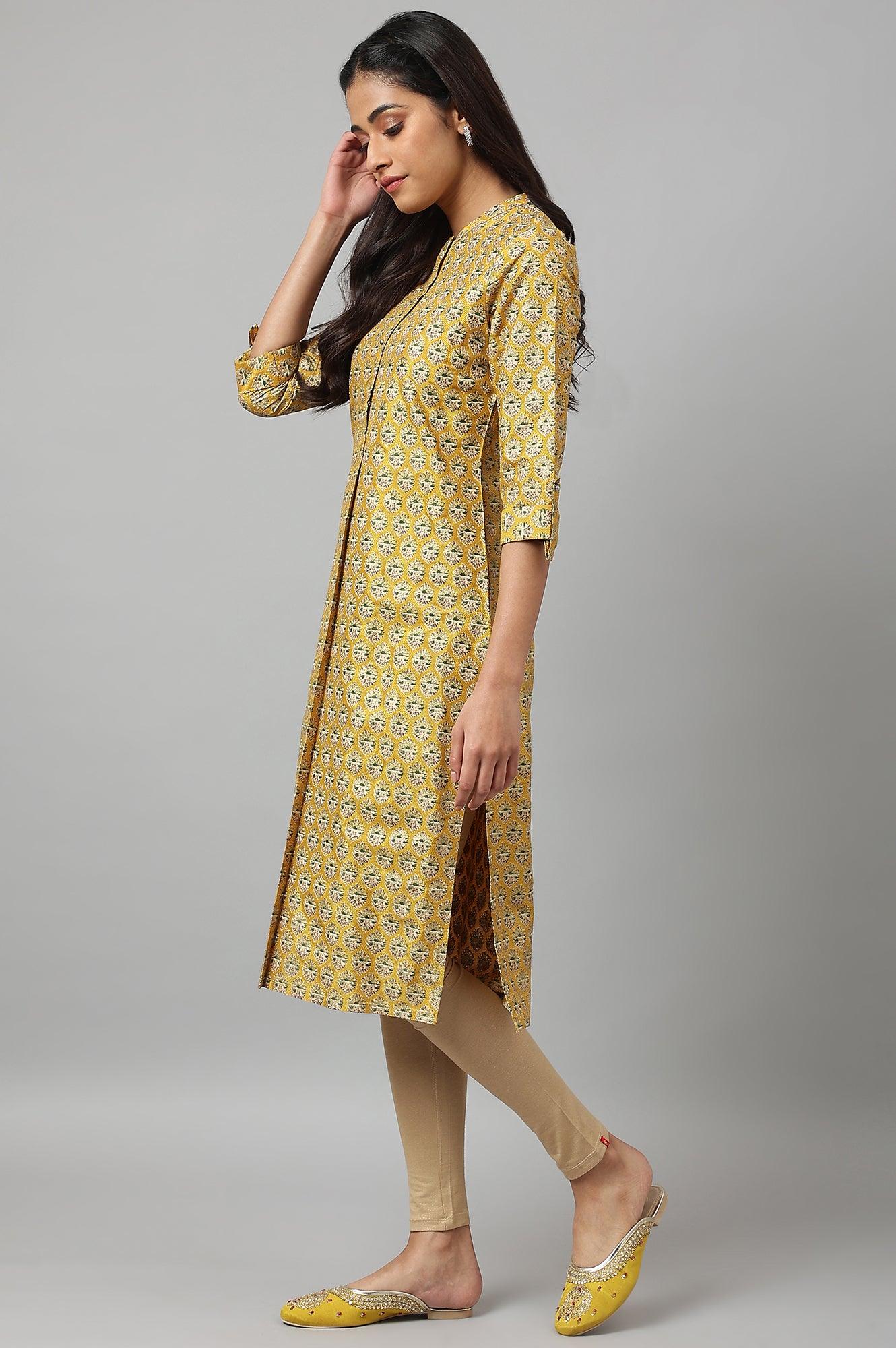 W for Woman Mustard Glitter Printed kurta In Mandarin Collar