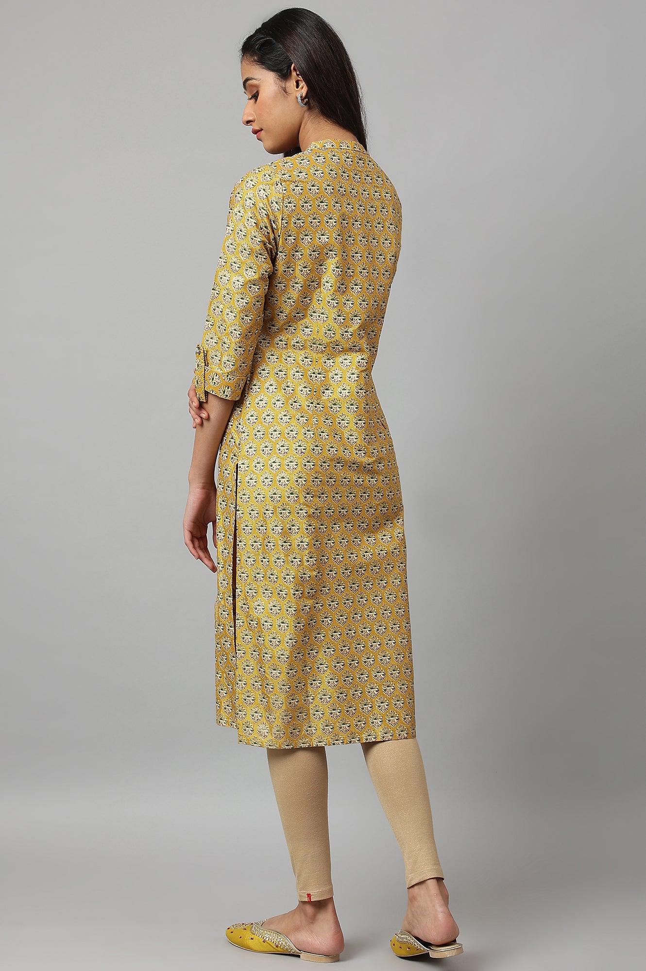 W for Woman Mustard Glitter Printed kurta In Mandarin Collar