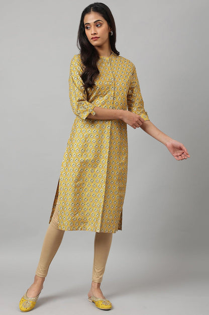 W for Woman Mustard Glitter Printed kurta In Mandarin Collar