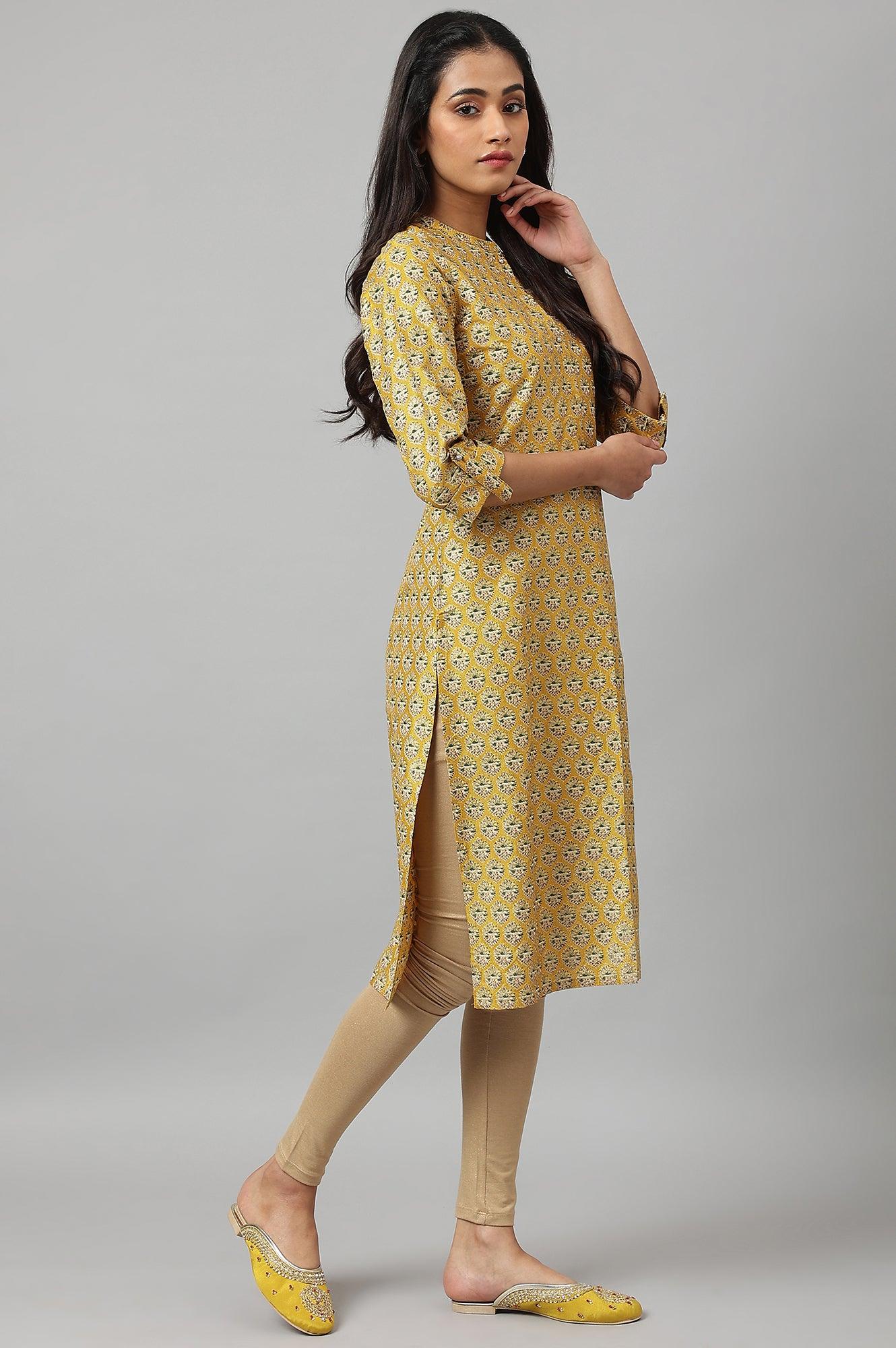 W for Woman Mustard Glitter Printed kurta In Mandarin Collar