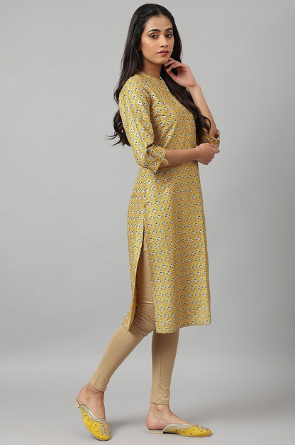 W for Woman Mustard Glitter Printed kurta In Mandarin Collar